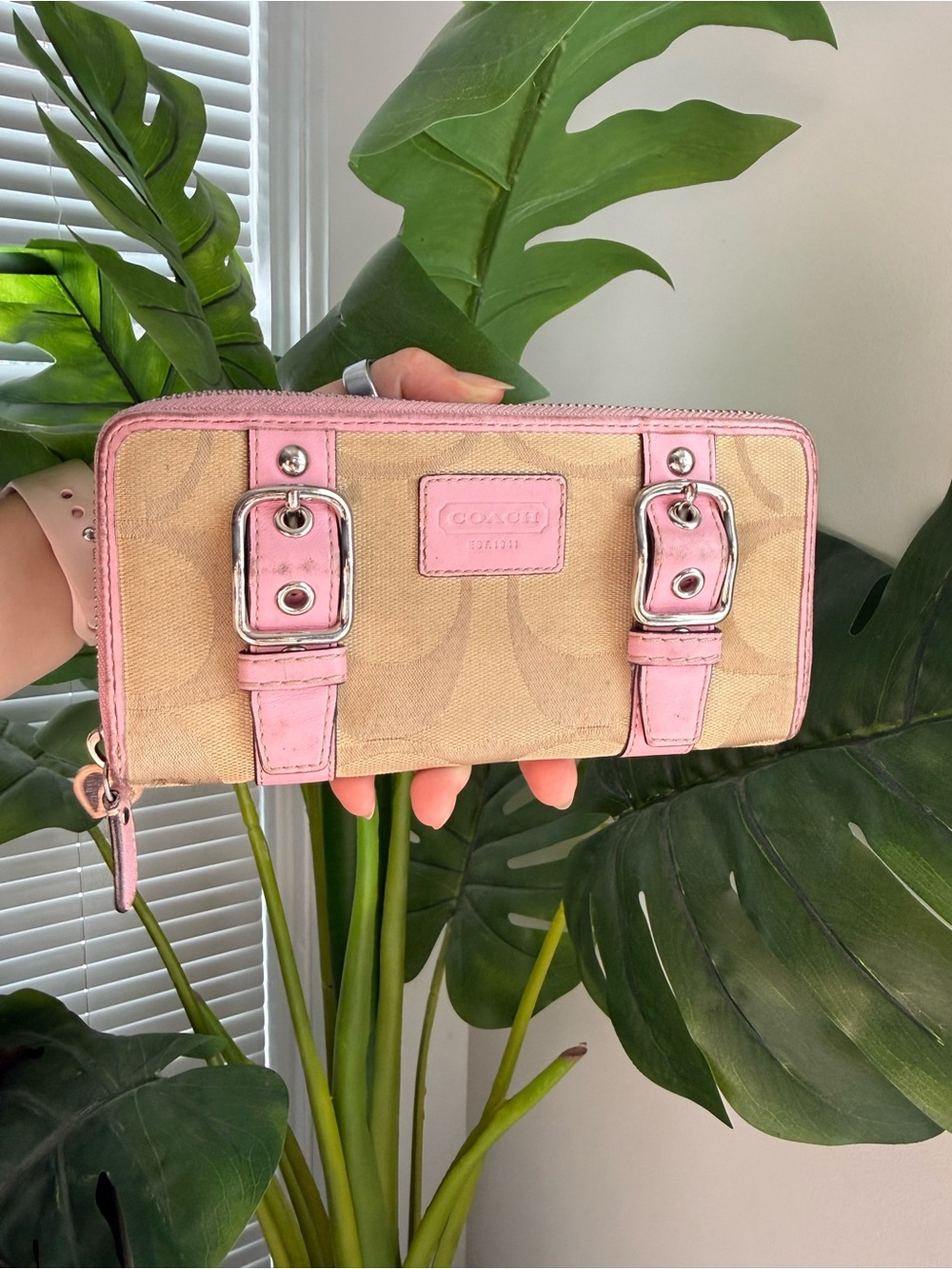 Coach Beige Signature Canvas Wallet with Pink Trim